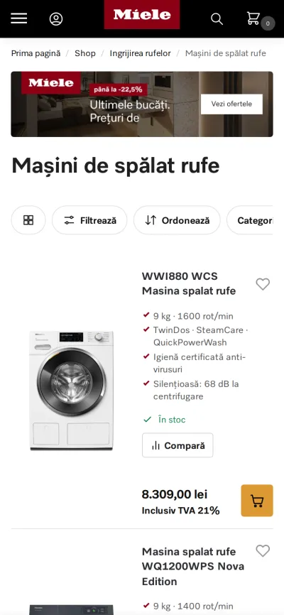 Miele Cluj — mobile category page